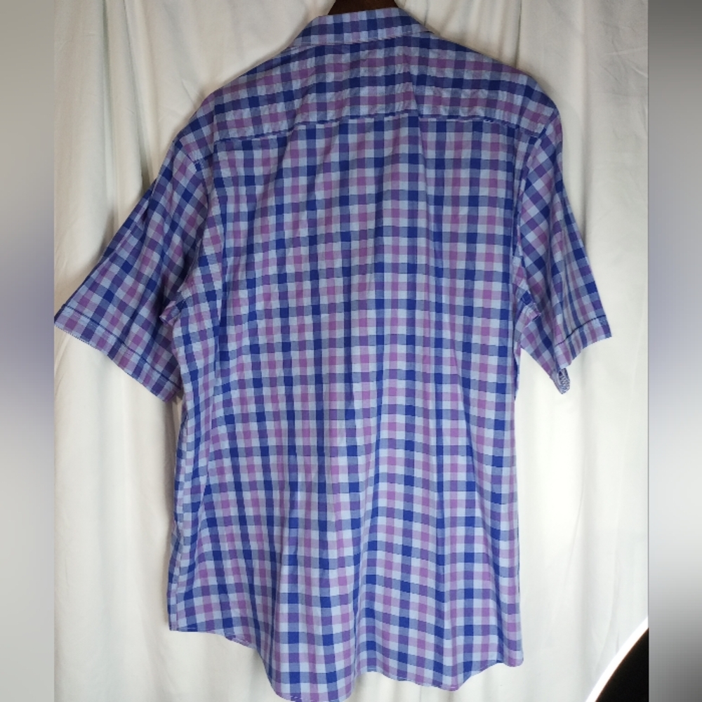 XL EUC Short Sleeve Bugatchi Uomo Purple Blue Plaid Shirt Luxury Preppy Summer - Picture 4 of 5